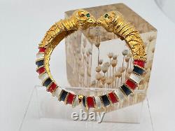 Kenneth Jay Lane KJL 1960's Double Ram Enamel Hinged Bracelet Red, White, & Blue