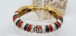 Kenneth Jay Lane KJL 1960's Double Ram Enamel Hinged Bracelet Red, White, & Blue