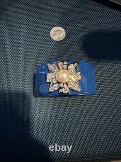 Kenneth Jay Lane KJL Blue Enamel Maltese Cross Pearl Crystal Hinged Cuff