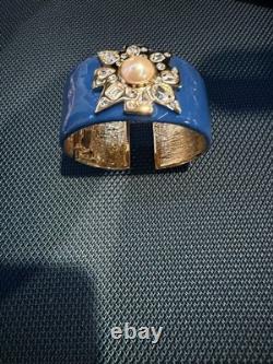 Kenneth Jay Lane KJL Blue Enamel Maltese Cross Pearl Crystal Hinged Cuff