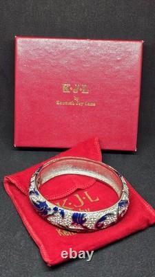 Kenneth Jay Lane KJL Blue Enamel Rhinestone Hinged Bangle Bracelet Boxed