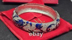 Kenneth Jay Lane KJL Blue Enamel Rhinestone Hinged Bangle Bracelet Boxed