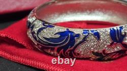 Kenneth Jay Lane KJL Blue Enamel Rhinestone Hinged Bangle Bracelet Boxed
