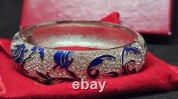 Kenneth Jay Lane KJL Blue Enamel Rhinestone Hinged Bangle Bracelet Boxed