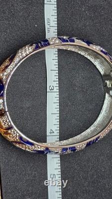 Kenneth Jay Lane KJL Blue Enamel Rhinestone Hinged Bangle Bracelet Boxed