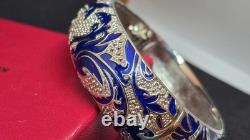 Kenneth Jay Lane KJL Blue Enamel Rhinestone Hinged Bangle Bracelet Boxed