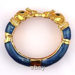 Kenneth Jay Lane Raj Elephant Bangle Bracelet Blue Enamel Gold Tone Vintage NOS