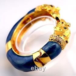 Kenneth Jay Lane Raj Elephant Bangle Bracelet Blue Enamel Gold Tone Vintage NOS