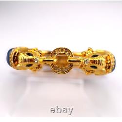 Kenneth Jay Lane Raj Elephant Bangle Bracelet Blue Enamel Gold Tone Vintage NOS