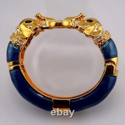 Kenneth Jay Lane Raj Elephant Bangle Bracelet Blue Enamel Gold Tone Vintage NOS