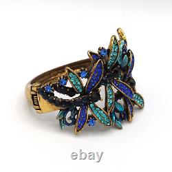 Kirks Folly Cuff Bracelet Blue & Black Crystal Dragonfly Hinge Enamel Gold Tone