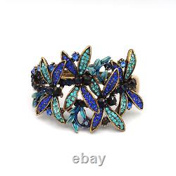 Kirks Folly Cuff Bracelet Blue & Black Crystal Dragonfly Hinge Enamel Gold Tone