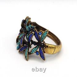 Kirks Folly Cuff Bracelet Blue & Black Crystal Dragonfly Hinge Enamel Gold Tone