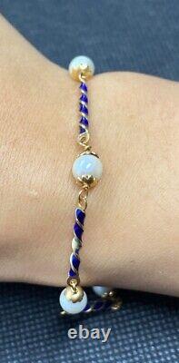 LADIES 18K GOLD & BLUE ENAMEL PEARL BRACELET 6.4g 7.5