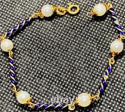 LADIES 18K GOLD & BLUE ENAMEL PEARL BRACELET 6.4g 7.5