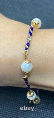 LADIES 18K GOLD & BLUE ENAMEL PEARL BRACELET 6.4g 7.5