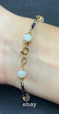 LADIES 18K GOLD & BLUE ENAMEL PEARL BRACELET 6.4g 7.5