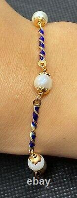 LADIES 18K GOLD & BLUE ENAMEL PEARL BRACELET 6.4g 7.5