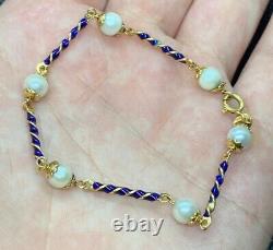 LADIES 18K GOLD & BLUE ENAMEL PEARL BRACELET 6.4g 7.5