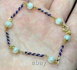 LADIES 18K GOLD & BLUE ENAMEL PEARL BRACELET 6.4g 7.5