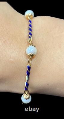LADIES 18K GOLD & BLUE ENAMEL PEARL BRACELET 6.4g 7.5 in