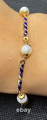 LADIES 18K GOLD & BLUE ENAMEL PEARL BRACELET 6.4g 7.5 in