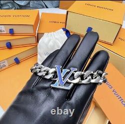 LOUIS VUITTON Blue Enamel LV Logo Cuban Chain Bracelet-NWOT 8 MSRP $850