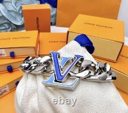 LOUIS VUITTON Blue Enamel LV Logo Cuban Chain Bracelet-NWOT 8 MSRP $850