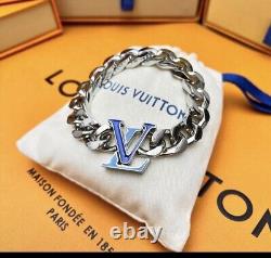 LOUIS VUITTON Blue Enamel LV Logo Cuban Chain Bracelet-NWOT 8 MSRP $850