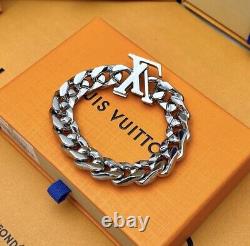 LOUIS VUITTON Blue Enamel LV Logo Cuban Chain Bracelet-NWOT 8 MSRP $850