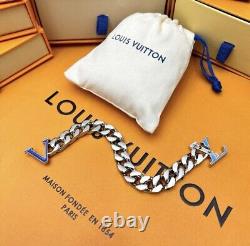 LOUIS VUITTON Blue Enamel LV Logo Cuban Chain Bracelet-NWOT 8 MSRP $850