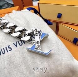 LOUIS VUITTON Blue Enamel LV Logo Cuban Chain Bracelet-NWOT 8 MSRP $850