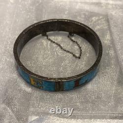 LOVE SIAM 925 Sterling Silver Vintage Enamel Blue Round Bangle Bracelet 21 Gram