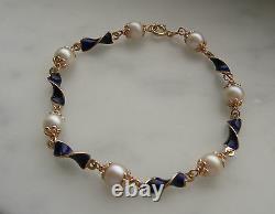 Ladies 18k Gold Blue Enamel Pearl Bracelet 9.4 Gr 7.75 Inches Long