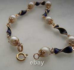 Ladies 18k Gold Blue Enamel Pearl Bracelet 9.4 Gr 7.75 Inches Long