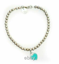 Lady's 7 Tiffany Blue Enamel Heart Tag Charm Sterling Silver Bead Bracelet