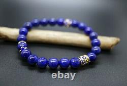 Lapis Lazuli Beaded Bracelet Silver Plated with Gold and Enamel Handmade 8MM