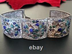 Large Filigree China Chinese Panel Bracelet Blue Drsgon Enamel Repousse Mythical