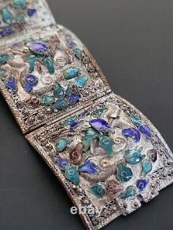 Large Filigree China Chinese Panel Bracelet Blue Drsgon Enamel Repousse Mythical