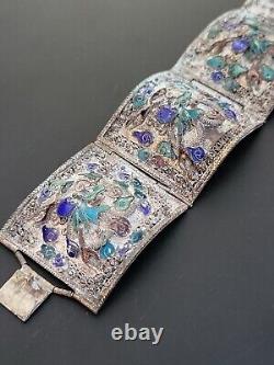 Large Filigree China Chinese Panel Bracelet Blue Drsgon Enamel Repousse Mythical