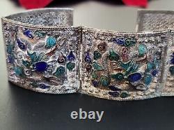 Large Filigree China Chinese Panel Bracelet Blue Drsgon Enamel Repousse Mythical