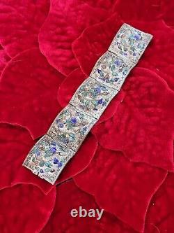 Large Filigree China Chinese Panel Bracelet Blue Drsgon Enamel Repousse Mythical