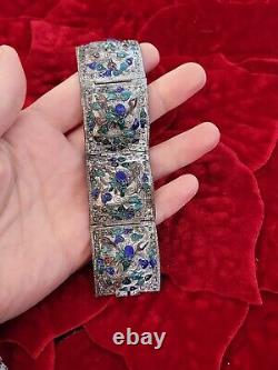 Large Filigree China Chinese Panel Bracelet Blue Drsgon Enamel Repousse Mythical