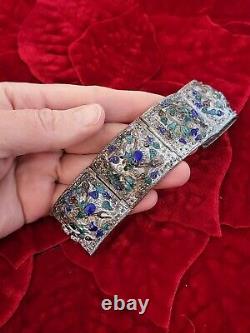 Large Filigree China Chinese Panel Bracelet Blue Drsgon Enamel Repousse Mythical