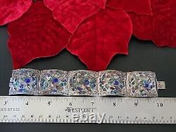 Large Filigree China Chinese Panel Bracelet Blue Drsgon Enamel Repousse Mythical