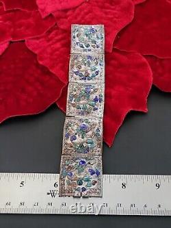 Large Filigree China Chinese Panel Bracelet Blue Drsgon Enamel Repousse Mythical