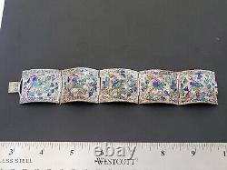 Large Filigree China Chinese Panel Bracelet Blue Drsgon Enamel Repousse Mythical