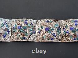 Large Filigree China Chinese Panel Bracelet Blue Drsgon Enamel Repousse Mythical