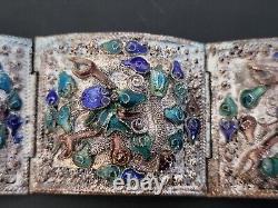 Large Filigree China Chinese Panel Bracelet Blue Drsgon Enamel Repousse Mythical