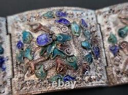 Large Filigree China Chinese Panel Bracelet Blue Drsgon Enamel Repousse Mythical